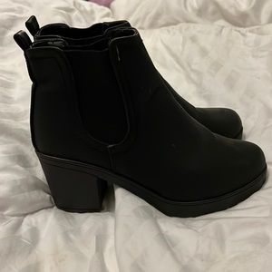 Krishna, black heeled booties, size 5